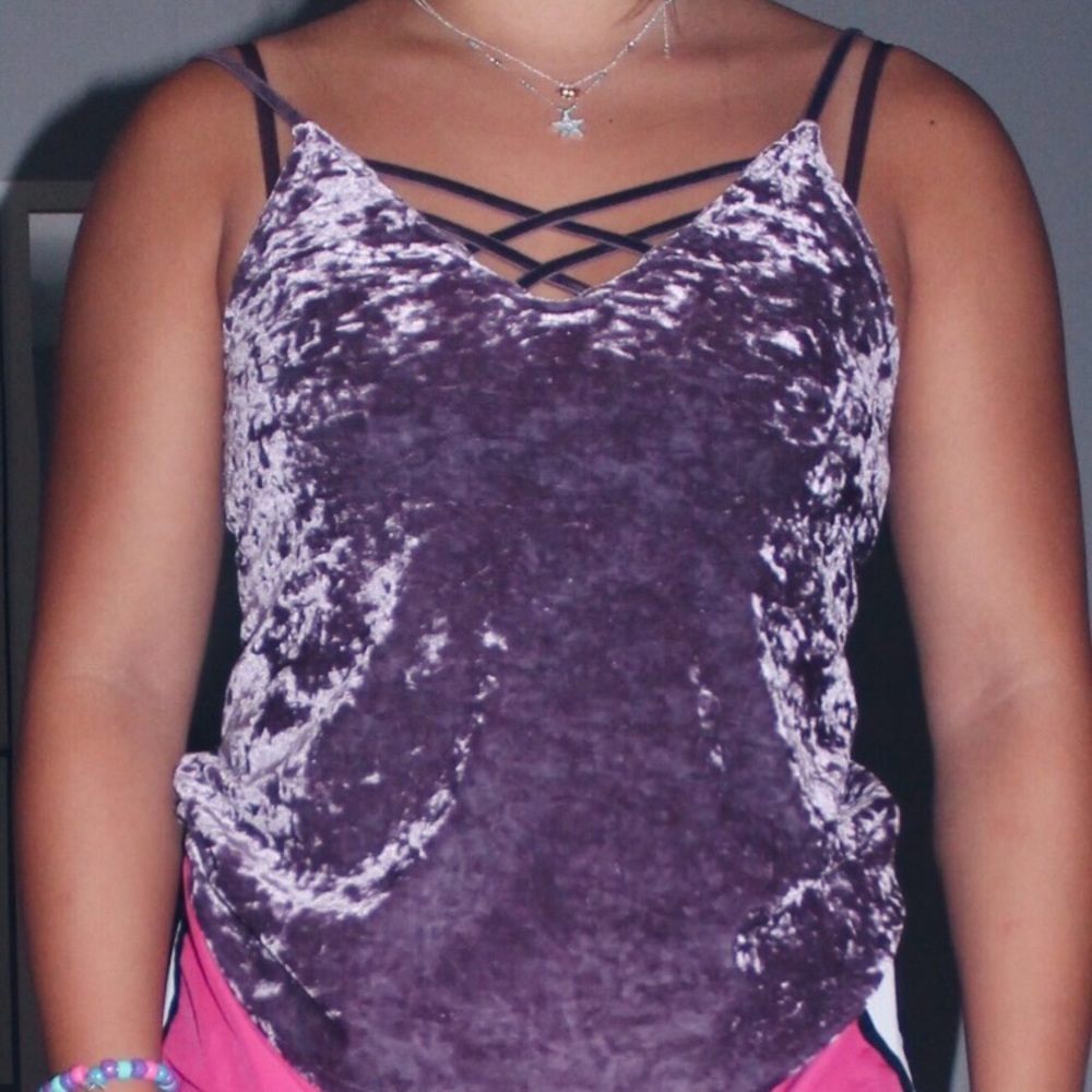 Crisscross velvet purple tank top